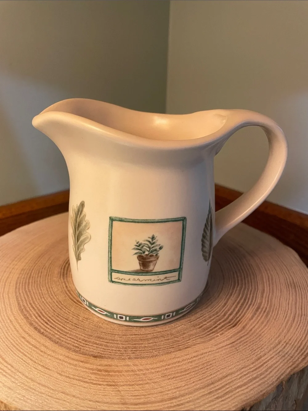 Pfaltzgraff Naturewood Cream Ceramic Pitcher with Green Botanical Motif
